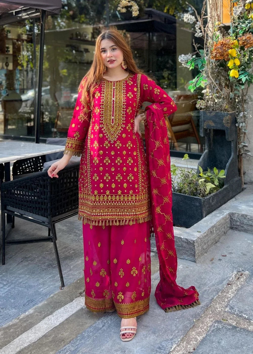 3Pcs Stitched Zeba Hotpink Dress