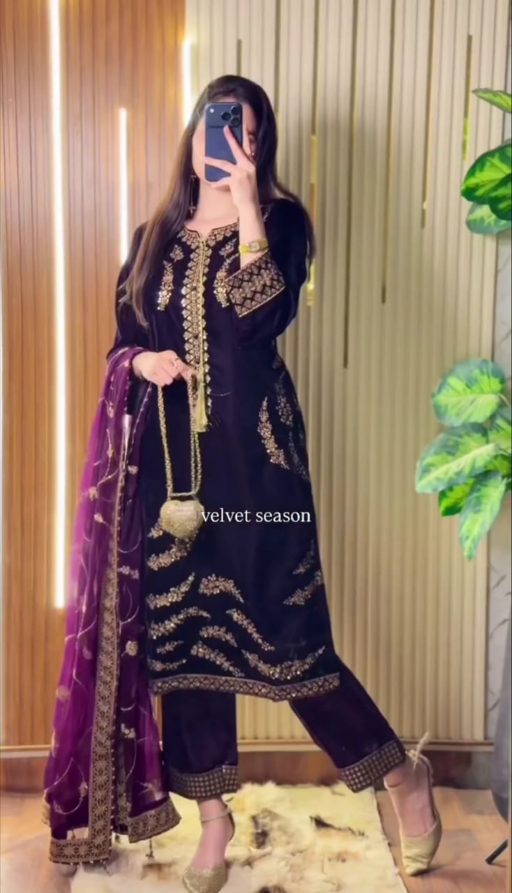 Luxury Velvet Embroidered 3-Piece Suit