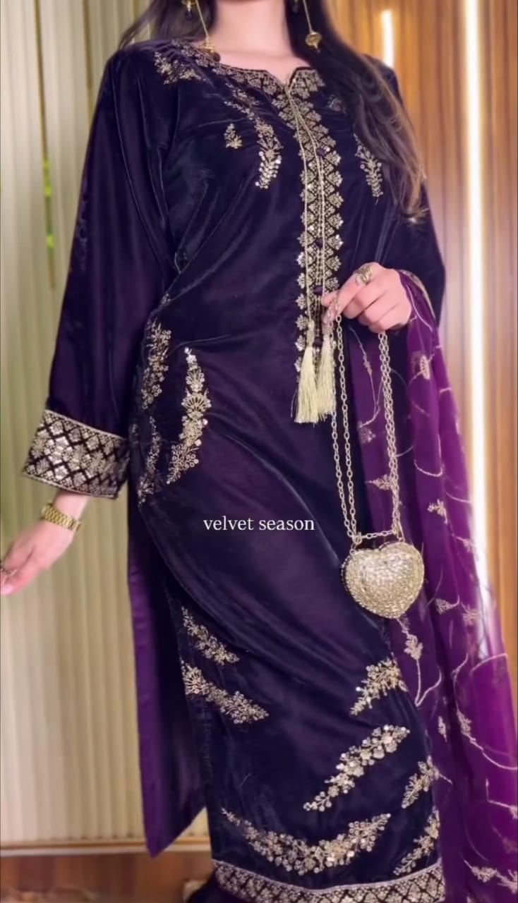 Luxury Velvet Embroidered 3-Piece Suit