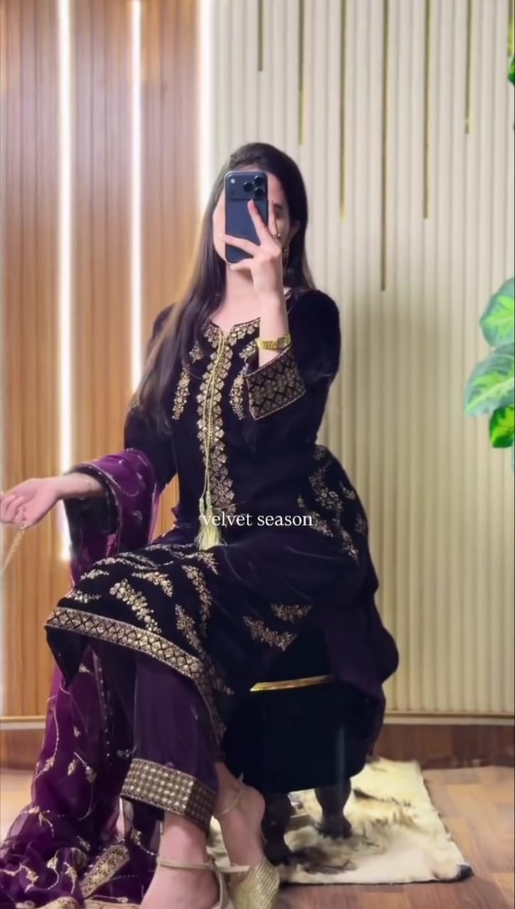 Luxury Velvet Embroidered 3-Piece Suit